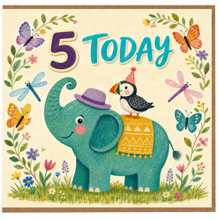 5th Birthday Card, Cute Elephant and Puffin Card