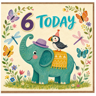 6th Birthday Card, Cute Elephant and Puffin 6 Today Card