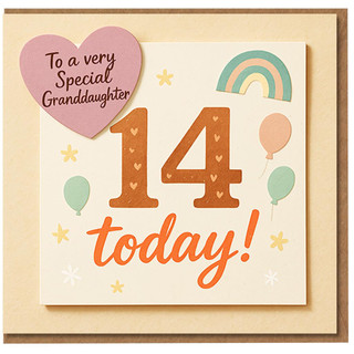Granddaughter 14th Birthday Card - Cute Pastel Rainbow and Balloons - To a Very Special Granddaughter, '14 Today'