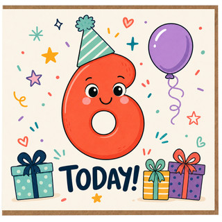 6th Birthday Card, Cute Number 6 Party Card, Today!