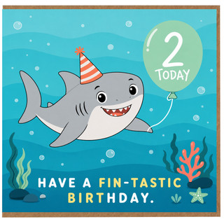 2nd Birthday Card, Cute Shark Party Hat Birthday Card