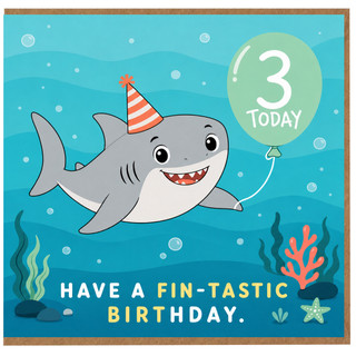 3rd Birthday Card, Cute Shark Party Card, Have a Fin - tastic Birthday