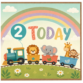 2nd Birthday Card, Cute Animal Train Rainbow 2 Today Card
