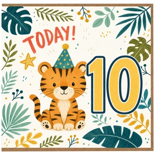 10th Birthday Card, Cute Tiger Party Design