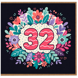 32nd Birthday Card, Floral Number 32 Birthday Card