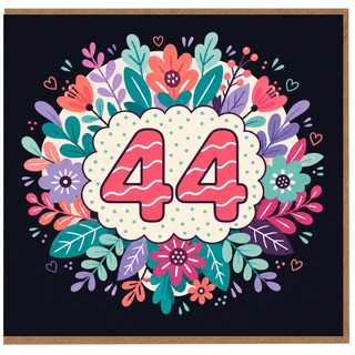 44th Birthday Card, Colourful Floral Number 44 Card