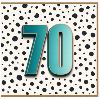 70th Birthday Card, Bold Teal Number 70 with Black Polka Dot Design