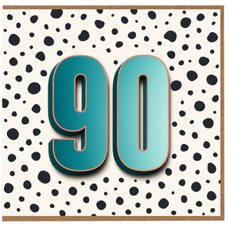 90th Birthday Card, Bold Teal Number 90 Polka Dot Design