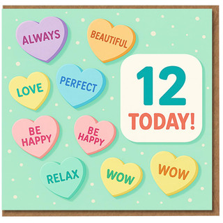 12th Birthday Card - '12 Today!' Pastel Sweet Hearts Design, Cute Colourful Candy Hearts, Tween Kids Birthday Card