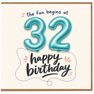 32nd Birthday Card, Happy Birthday Balloon Number 32 Card