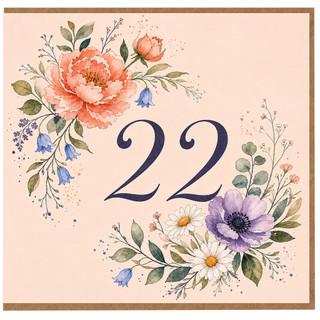 22nd Birthday Card, Floral Watercolour Number 22 Card