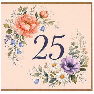 25th Birthday Card, Floral Number 25 Card