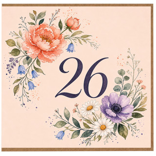 26th Birthday Card, Floral Watercolour Number 26 Birthday Card