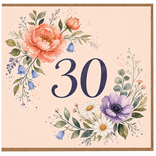 30th Birthday Card, Floral Watercolour Design