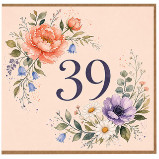 39th Birthday Card, Floral Watercolour Age 39 Card