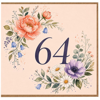 64th Birthday Card, Floral Watercolour Design