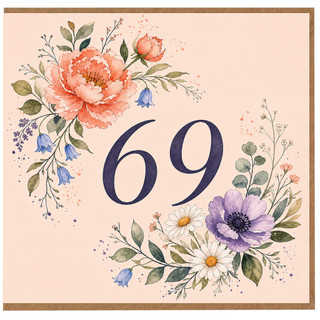 69th Birthday Card, Floral Number 69 Card