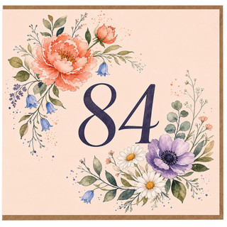 84th Birthday Card, Floral Watercolour Number 84 Birthday Card