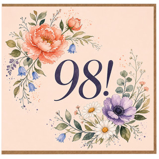 98th Birthday Card, Floral Watercolour 98 Birthday Card