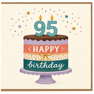 95th Birthday Card, Colourful Birthday Cake and Confetti Design