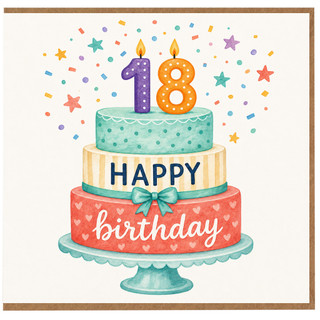 18th Birthday Card, Happy Birthday Cake Design with Candles and Confetti