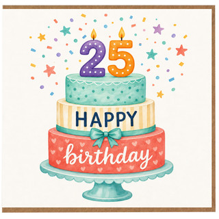 25th Birthday Card, Happy Birthday Cake Design Card