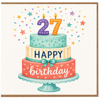 27th Birthday Card, Colourful Cake and Confetti Design