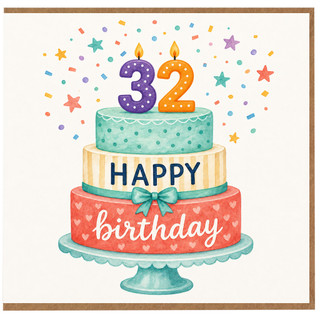 32nd Birthday Card, Happy Birthday Cake and Confetti Design