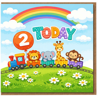 Age 2 Birthday Card for Kids - Two Today - Cute Animal Train and Rainbow Children's Card, Perfect for Boy or Girl