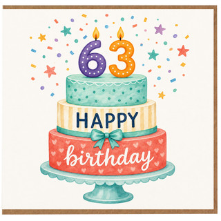 63rd Birthday Card, Happy Birthday Cake Design with Candles and Confetti