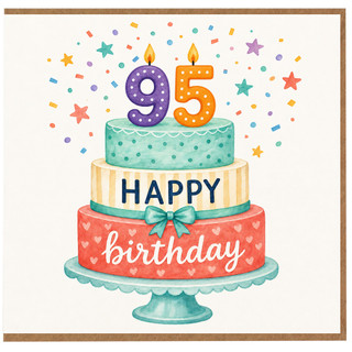 95th Birthday Card, Happy Birthday Cake and Confetti Design