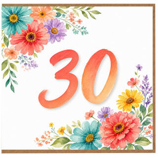30th Birthday Card, Floral Watercolour Design