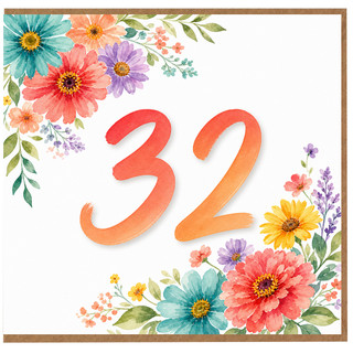 32nd Birthday Card, Floral Watercolour 32 Card
