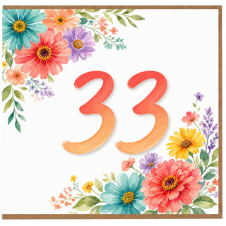33rd Birthday Card, Floral Watercolour Number 33 Card