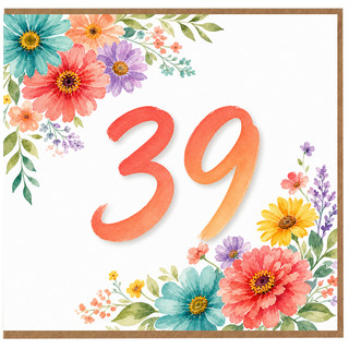39th Birthday Card, Floral Watercolour 39 Card