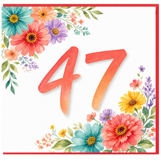 47th Birthday Card, Floral Watercolour Number 47 Card