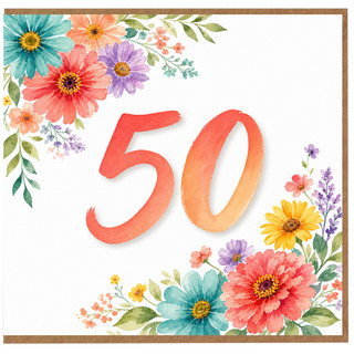 50th Birthday Card, Floral Watercolour Design