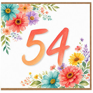 54th Birthday Card, Floral Watercolour Number 54 Card