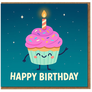 Happy Birthday Cupcake Card - Cute Cartoon Cupcake with Candle and Sprinkles - Fun Birthday Greeting Card for Children or Adults