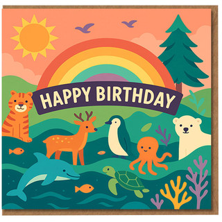 Happy Birthday Card for Children - Colourful Rainbow and Animals Design with Tiger, Penguin, Dolphin, Octopus and Turtle - Cute Nature Scene Kids Birthday Card