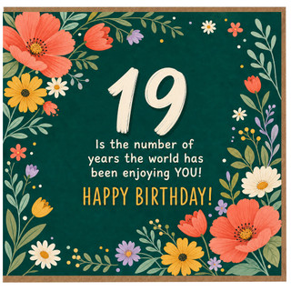19th Birthday Card, Floral Green Design