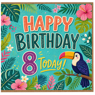 8th Birthday Card, Tropical Toucan Happy Birthday 8 Today Card