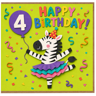 4th Birthday Card, Fun Zebra Party Card