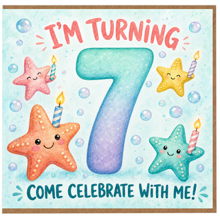 7th Birthday Card, Underwater Starfish Birthday Invitation Style Card, Come Celebrate With Me
