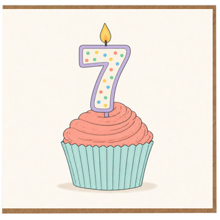 7th Birthday Card, Cute Cupcake and Number 7 Candle Design