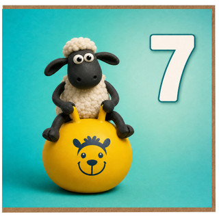 7th Birthday Card, Cute Sheep on Yellow Ball Design