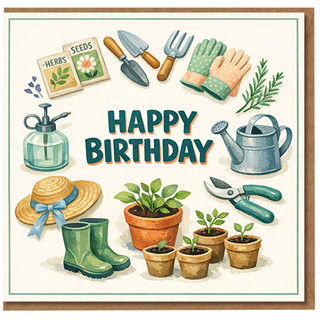 Gardening Birthday Card - Happy Birthday with Garden Tools, Watering Can & Seedlings - Cute Card for Gardeners, Allotment Lovers, Mum, Dad or Friend