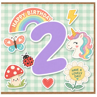 2nd Birthday Card, Cute Unicorn Rainbow Birthday Card