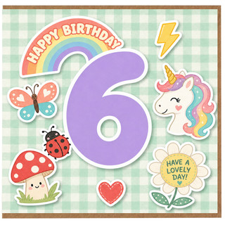 6th Birthday Card, Cute Unicorn Rainbow Birthday Card