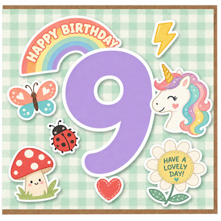 9th Birthday Card, Cute Unicorn Rainbow Design
